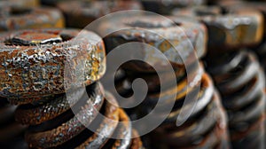 Upclose view of a set of industrial springs showcasing the pockmarked surface and worn edges of each spring in the group photo