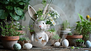 Upcycled Easter Craft Scene with Eggshell Planters and Fabric Bunnies