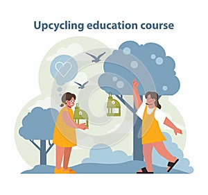 Upcycling Education Course Illustration. Two joyful learners engage with nature.