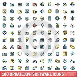 100 update app software icons set, color line style