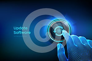 Update button. Closeup finger about to press a button. Upgrade Software version concept. Computer program upgrade