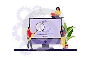 Update concept. Programmers upgrading operation system of computer. Vector illustration. Flat