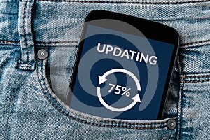 Update concept on smartphone screen in jeans pocket