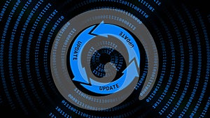 UPDATE lettering on update sign in center of binary code circles - graphic elements in blue on black background