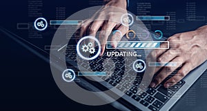 Update software and installing new version system in computer. Man upgrade program, Business technology internet loading bar with