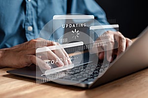 Update software and installing new version system in computer. Man upgrade program, Business technology internet loading bar with