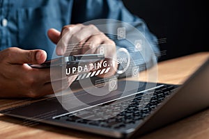 Update software and installing new version system in computer. Man upgrade program, Business technology internet loading bar with