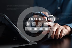 Update software and installing new version system in computer. Man upgrade program, Business technology internet loading bar with