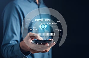Update software and installing new version system in computer. Man upgrade program, Business technology internet loading bar with