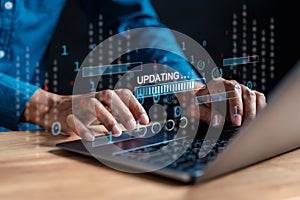 Update software and installing new version system in computer. Man upgrade program, Business technology internet loading bar with