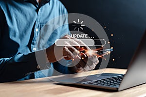 Update software system in computer. Man using smartphone upgrade program, Business technology internet loading virtual bar with