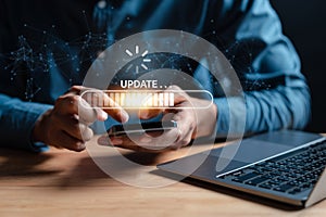 Update software system in computer. Man using smartphone upgrade program, Business technology internet loading virtual bar with