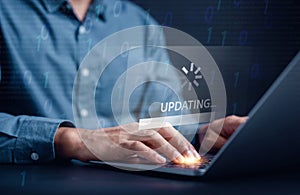 Update software system in computer. Man using smartphone upgrade program, Business technology internet loading virtual bar with