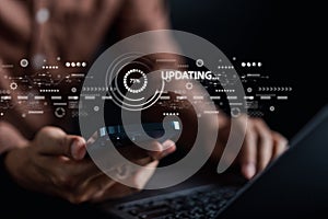 Update software system in computer. Man using smartphone upgrade program, Business technology internet loading virtual bar with