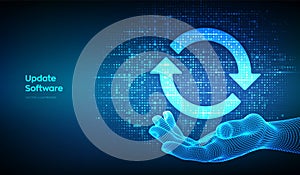 Update Software. Upgrade computer program version concept. Synchronization icons made with binary code in wireframe hand. Digital