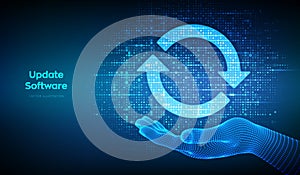 Update Software. Upgrade computer program version concept. Synchronization icons made with binary code in wireframe hand. Digital