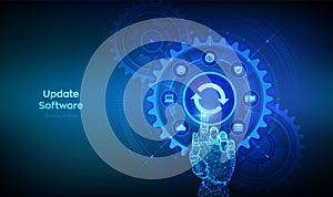 Update Software. Upgrade Software version concept on virtual screen. Computer program upgrade technology internet concept. Hand