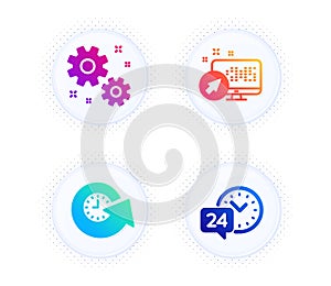 Update time, Work and Web system icons set. 24h service sign. Refresh watch, Settings, Computer. Call support. Vector