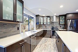 Updated contemporary kitchen room interior in white and dark tones. photo