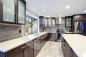 Updated contemporary kitchen room interior in white and dark tones.