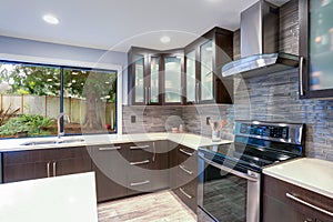 Updated contemporary kitchen room interior in white and dark tones. photo