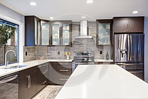 Updated contemporary kitchen room interior in white and dark tones.