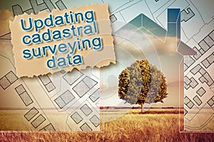 Updating public cadastral digital databases and information about land registry - concept with an imaginary cadastral map of