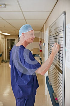 Updating the weekly rotations. a male doctor writing on a whiteboard in the hospital.