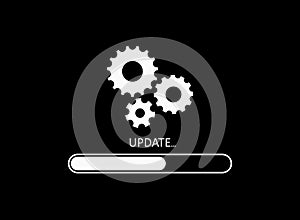 Upgrade of software. Update icon. Load and install of app on computer. Time and progress of update. Download new version of