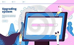 Upgrading system. Upgrade systems website update computer laptop software pc maintenance vector landing page with tiny