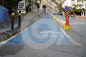 Uphill blue bike path. Turkey - 12 december 2020