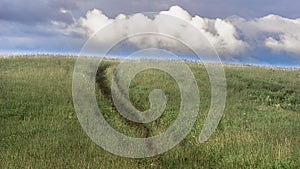 An uphill country road in tall grass in Altai Mountains, Kazakhstan, on early summer morning with dramatic cloudscape