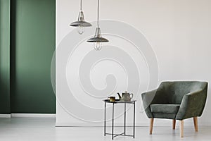 Upholstered armchair in minimalist interior photo