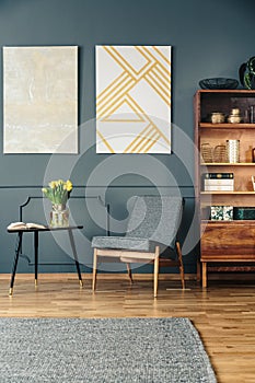 Upholstered chair and wooden bookcase photo