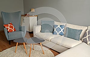 Upholstered furniture in a living room interior. Scandinavian style