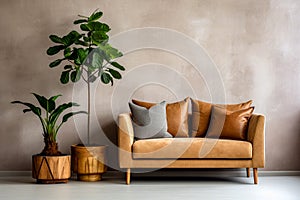 Upholstered sofa loveseat leather cushions and potted plants to the side set against a pale grey textured wall contempory interior