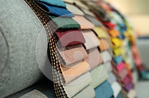 Upholstery fabric samples. Fabric for a furniture upholstery. Textile industry background