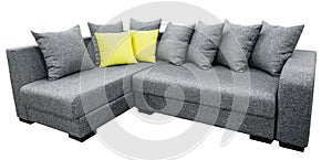 Upholstery sofa corner set with pillows isolated on white background with clipping path
