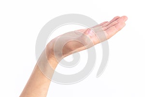 Uplifted hand in front of white background