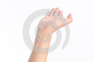 Uplifted hand in front of white background