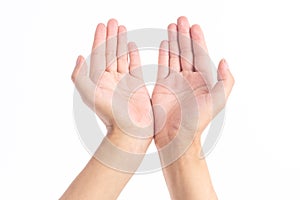 Uplifted hand in front of white background