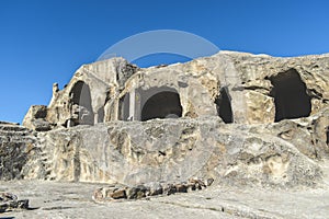 The Uplistsikhe cave complex near Gori, Georgia. Ancient rock-hewn town and three-nave basilica in eastern Georgia