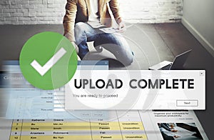 Upload Complete Data Uploading Submit Technology Concept photo