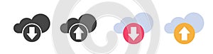 Upload download cloud storage icon simple graphic glyph symbol set illustration, flat cartoon load arrow pictogram black and white