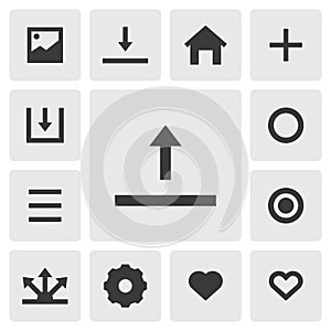 Upload icon vector. Upload button. Simple set of smartphone app icons silhouette black icon. Phone application icons concept