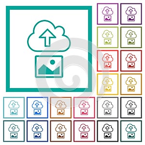 Upload image to cloud outline flat color icons with quadrant frames