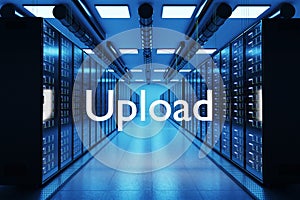 upload logo in large modern data center with multiple rows of network internet server racks  3D Illustration