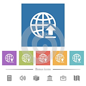 Upload to internet flat white icons in square backgrounds