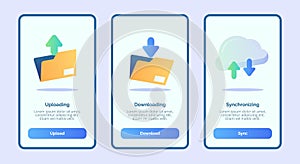 Uploading downloading synchronizing for mobile apps template banner page UI with three variations modern flat color