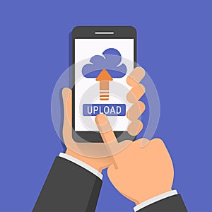 Uploading to cloud network concept. One hand holds smartphone and finger touch screen